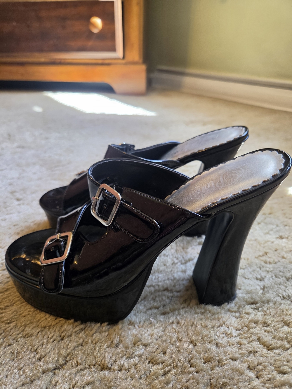 Pleaser Black Patent Platform Slide Mules with Buckles